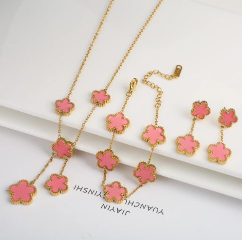Hot Sale: 3Piece Jewelry Set for Women  Stainless Steel with 18k Gold Plating Featuring Five-Leaf Flower Design Necklace, Earrings, and Bracelet in Clover Style