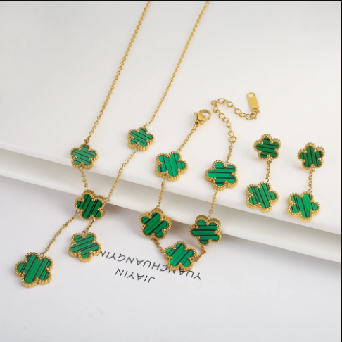 Hot Sale: 3Piece Jewelry Set for Women  Stainless Steel with 18k Gold Plating Featuring Five-Leaf Flower Design Necklace, Earrings, and Bracelet in Clover Style
