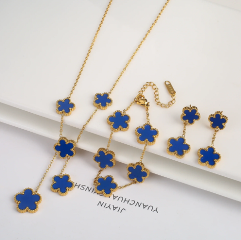 Hot Sale: 3Piece Jewelry Set for Women  Stainless Steel with 18k Gold Plating Featuring Five-Leaf Flower Design Necklace, Earrings, and Bracelet in Clover Style