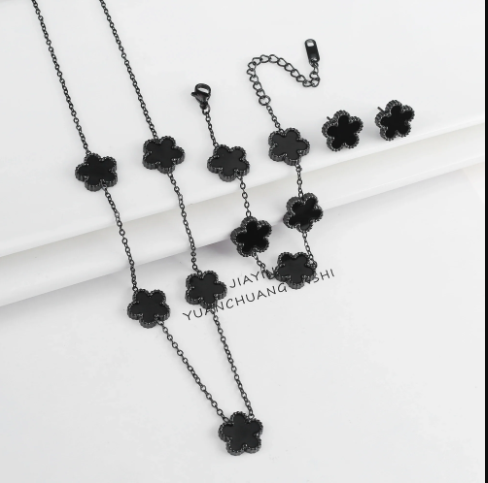 Hot Sale: 3Piece Jewelry Set for Women  Stainless Steel with 18k Gold Plating Featuring Five-Leaf Flower Design Necklace, Earrings, and Bracelet in Clover Style