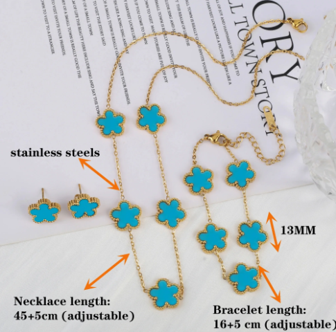 Hot Sale: 3Piece Jewelry Set for Women  Stainless Steel with 18k Gold Plating Featuring Five-Leaf Flower Design Necklace, Earrings, and Bracelet in Clover Style