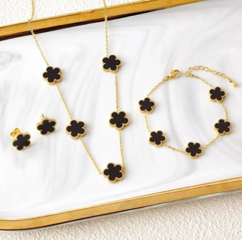 Hot Sale: 3Piece Jewelry Set for Women  Stainless Steel with 18k Gold Plating Featuring Five-Leaf Flower Design Necklace, Earrings, and Bracelet in Clover Style